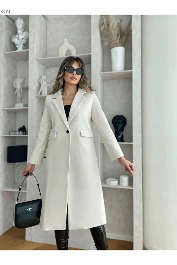 DŁUGI BEŻOWY PŁASZCZ Z GŁADKIEJ TKANINY ELEGANCKI 40 5IA
