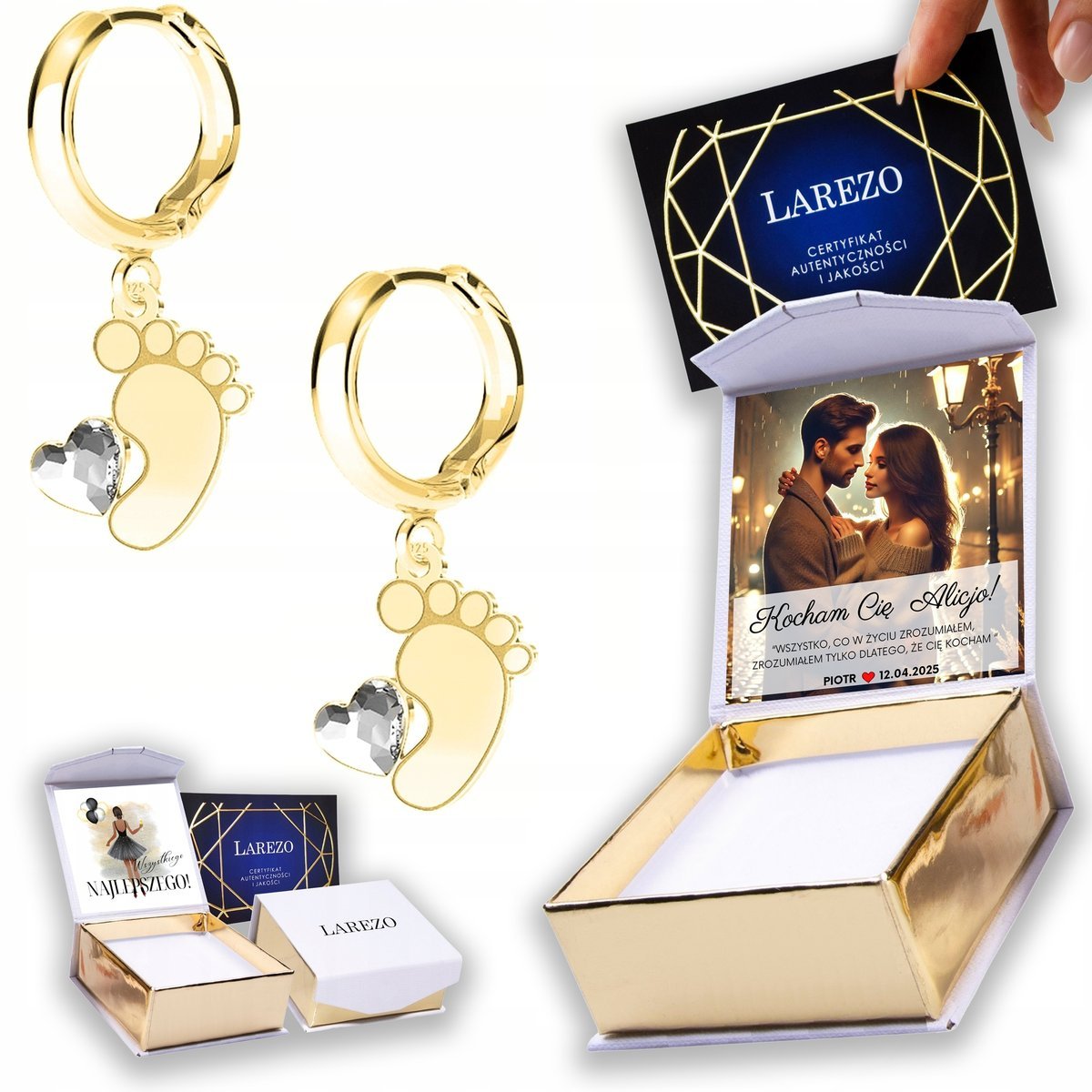 Złote Kolczyki 925 Stopy Stópki Dziecka z Cyrkonią Serca Stopa NADRUK