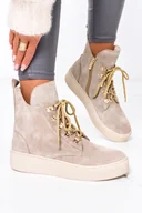 Botki damskie - Beżowe botki sznurowane POLSKA SKÓRA Casu 9998/PEG - miniaturka - grafika 1