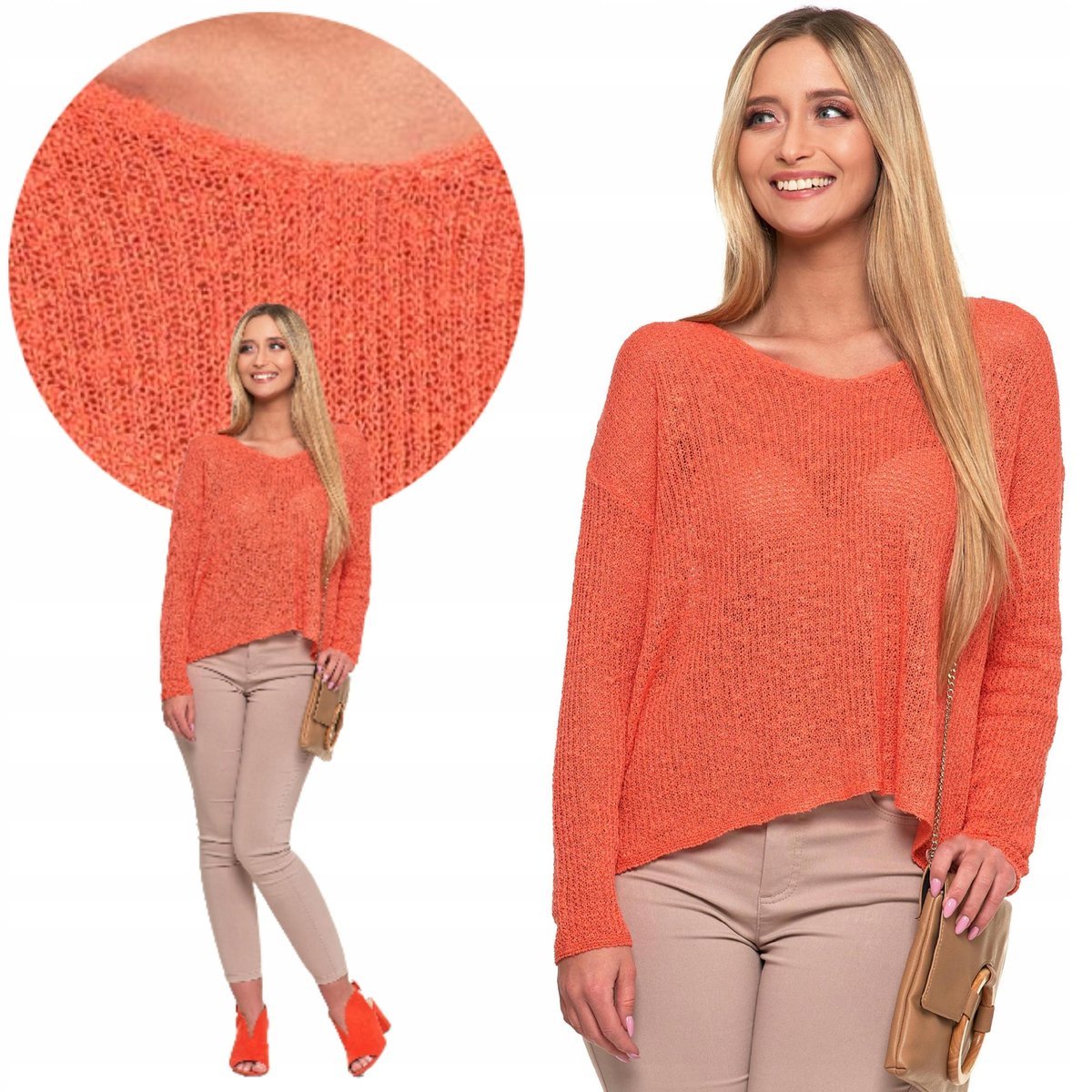 SWETER DAMSKI KLASYCZNY AŻUROWY CIENKI Z DŁUGIM RĘKAWEM KOBIECY MORAJ M CORAL