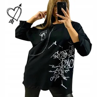 BLUZKA TUNIKA czarna BAWEŁNA napisy srebrna nitka na co dzień 50 52 5XL - Bluzki damskie - miniaturka - grafika 1