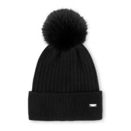 Czapki damskie - Damska czapka z futerkowym pomponem czarna - miniaturka - grafika 1