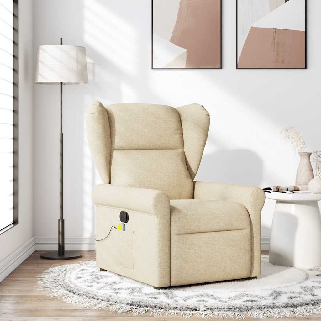 vidaXL Rozkładany fotel masujący, kremowy, obity tkaniną