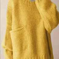 Swetry damskie - TEMU Sweter damski NianNian Oversize z kieszeniami bocznymi – Długi rękaw, okrągły dekolt, jednokolorowy musztardowy żółty sweter na jesień i zimę, - miniaturka - grafika 1