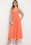 Sukienki - Pomarańczowa Rozkloszowana Sukienka Długa z Kopertowym Dekoltem na Ramiączkach Asmerria - miniaturka - grafika 1