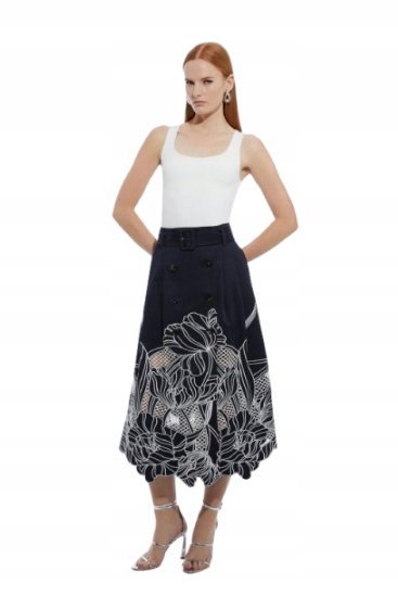KAREN MILLEN GRANATOWA SPÓDNICA MIDI Z PASKIEM I HAFTEM PETITE 38 B1C