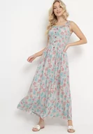 Sukienki - Miętowa Rozkloszowana Sukienka Bawełniana w Kwiatowy Print z Guzikami Jamallia - miniaturka - grafika 1