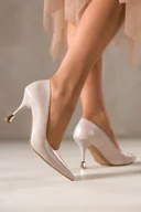 Czółenka - Beżowe czółenka skórzane damskie szpilki obcas kieliszek ze złotym akcentem PRODUKT POLSKI Casu 7029-715 - miniaturka - grafika 1