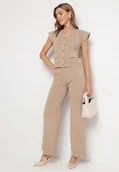 Komplety damskie - Beżowy Komplet Kamizelka na Guziki i Proste Spodnie z Gumką w Pasie Anniola - miniaturka - grafika 1
