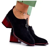 Półbuty damskie - S.Barski Zamszowe Modne Półbuty Na Słupku Czarno-Czerwone Lorena czarne - miniaturka - grafika 1