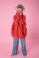 Bluzy damskie - Sweter damski długi wełniany, długa bluza wełniana z kapturem i kieszeniami - miniaturka - grafika 1