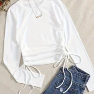 Swetry damskie - TEMU Sweter Damski Elegancki - Miękka Luźna Krótki Rękaw z Regulowanym Sznurkiem w Pasie, Jednokolorowy Top na Wiosnę/Jesień, Uniwersalny Element do - miniaturka - grafika 1