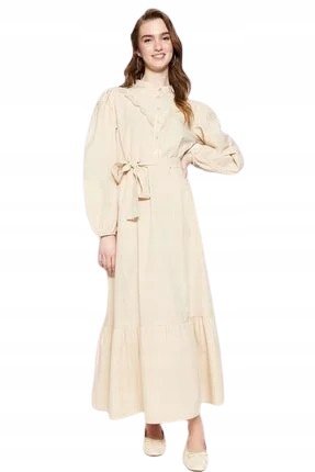 SHEIN BEŻOWA SUKIENKA Z FALBANĄ I HAFTEM NA DEKOLCIE 38 5_A