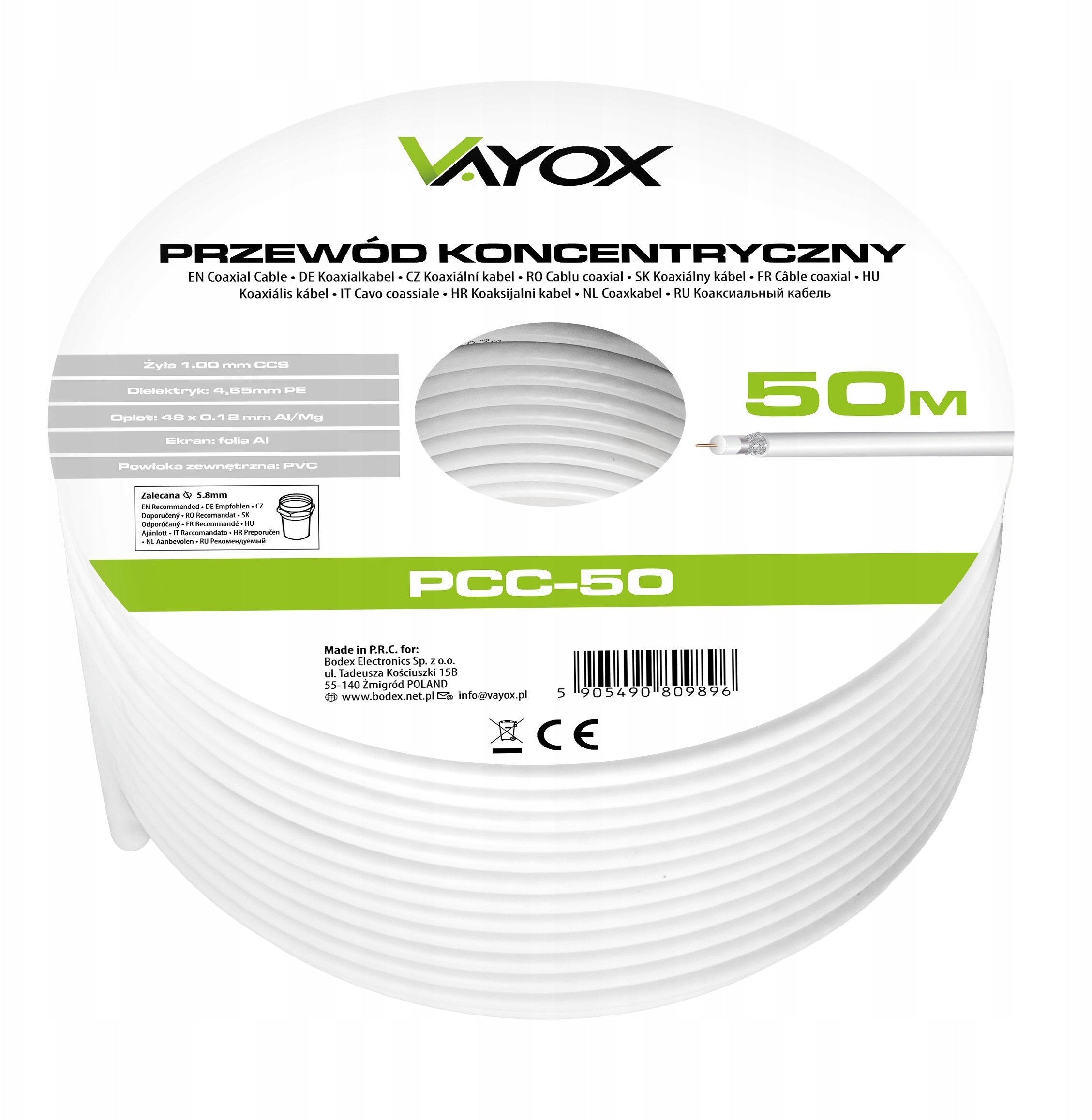 Kabel Bodex Kabel antenowy koncentryczny TV LTE odporny UV 4K HD 50 m wtyki F