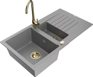 Mexen Matias zlewozmywak granitowy 1,5-komorowy z ociekaczem i baterią kuchenną Telma, szary - 6502-71-670200-50 - Zlewozmywaki z baterią - miniaturka - grafika 1