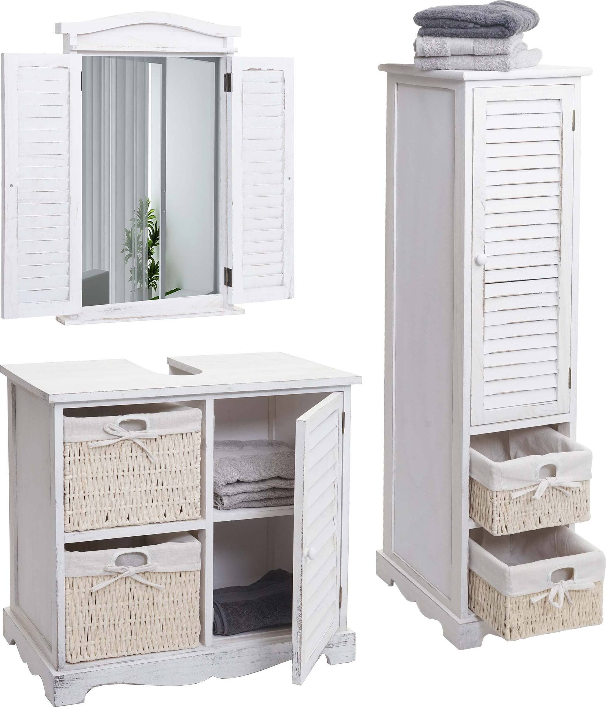 Zestaw łazienkowy HWC-H20, zestaw mebli łazienkowych wysoka szafka umywalka toaletka lustro ścienne ~ shabby white