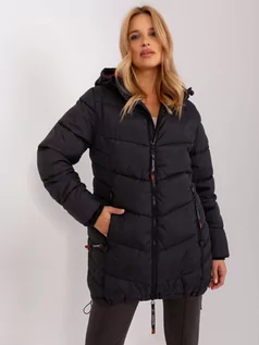 Płaszcze damskie - Płaszcz zimowa czarny casual kurtka pikowana rękaw długi kieszenie suwak - grafika 1