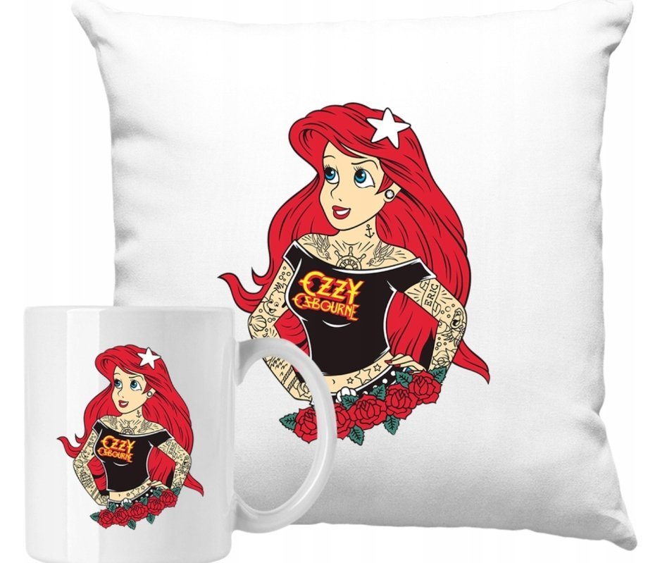 ZESTAW PODUSZKA + KUBEK Księżniczka Ariel Tattoo Pomysł Na Prezent +IMIĘ