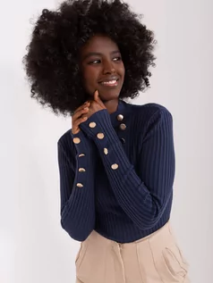 Swetry damskie - Sweter klasyczny granatowy casual dekolt półgolf rękaw długi materiał prążkowany  guziki - grafika 1