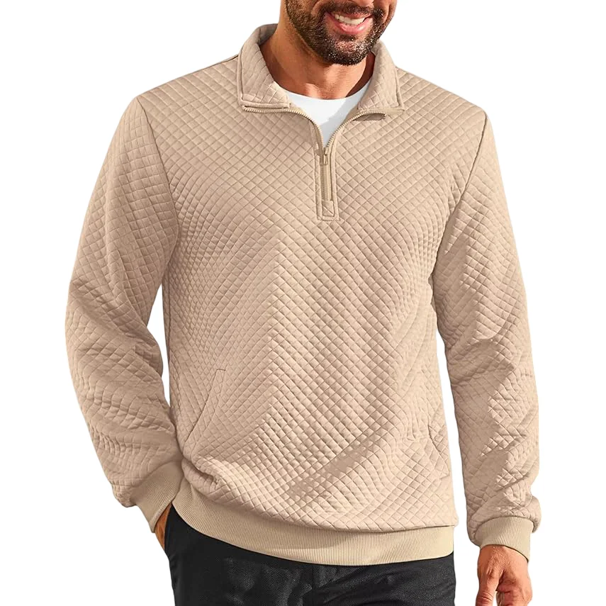 Męski Sweter Golf Wafelkowy Długi Rękaw Zamek Elegancki Stylowy Beżowy XL