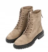 Botki damskie - MEXX BEŻOWE BOTKI DAMSKIE NA PODESZWIE CZARNEJ I ZAPIĘCIEM NA ZAMEK 37 T7D - miniaturka - grafika 1