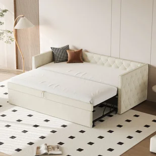 Łóżko tapicerowane Flieks sofa rozkładana 90x200cm z wysuwanym łóżkiem 90x190cm, łóżko dzienne funkcjonalna sofa rozkładana ze stelażem listwowym, łóżko młodzieżowe łóżko dziecięce łóżko drewniane, aksamitne - Sofy i kanapy - miniaturka - grafika 1