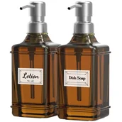 Mydła - ACCL Szklana butelka na mydło z pompką ze stali nierdzewnej, 350 ml, uniwersalny dozownik do wielokrotnego napełniania, do łazienki, blatu, kuchni, pralni z 8 wodoodpornymi etykietami, brązowa - miniaturka - grafika 1