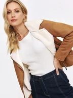 Kurtki damskie - Zamszowa ramoneska z białym futerkiem - miniaturka - grafika 1