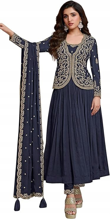 TRENDMALLS GRANATOWY KOMPLET SALWAR DAMSKI ZE ZDOBIENIAMI 3XL 7CA