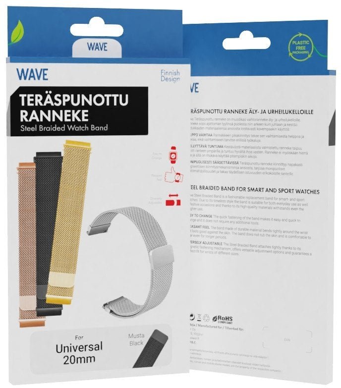 Wave steel braided strap 20mm, for smart and sports watches, black