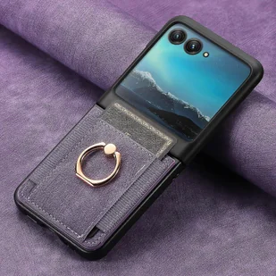 Skórzane etui na telefon w stylu retro do Motorola Razr 50 Ultra / Razr 50 z gniazdem na kartę i pierścieniem Fioletowy - Etui i futerały do telefonów - miniaturka - grafika 1