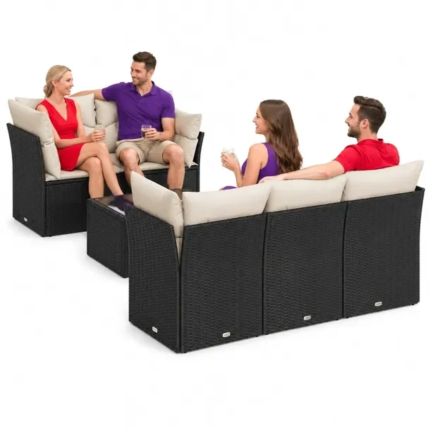 Zestaw wypoczynkowy rattan PE czarny 179x62x69 cm, kremowe poduszki