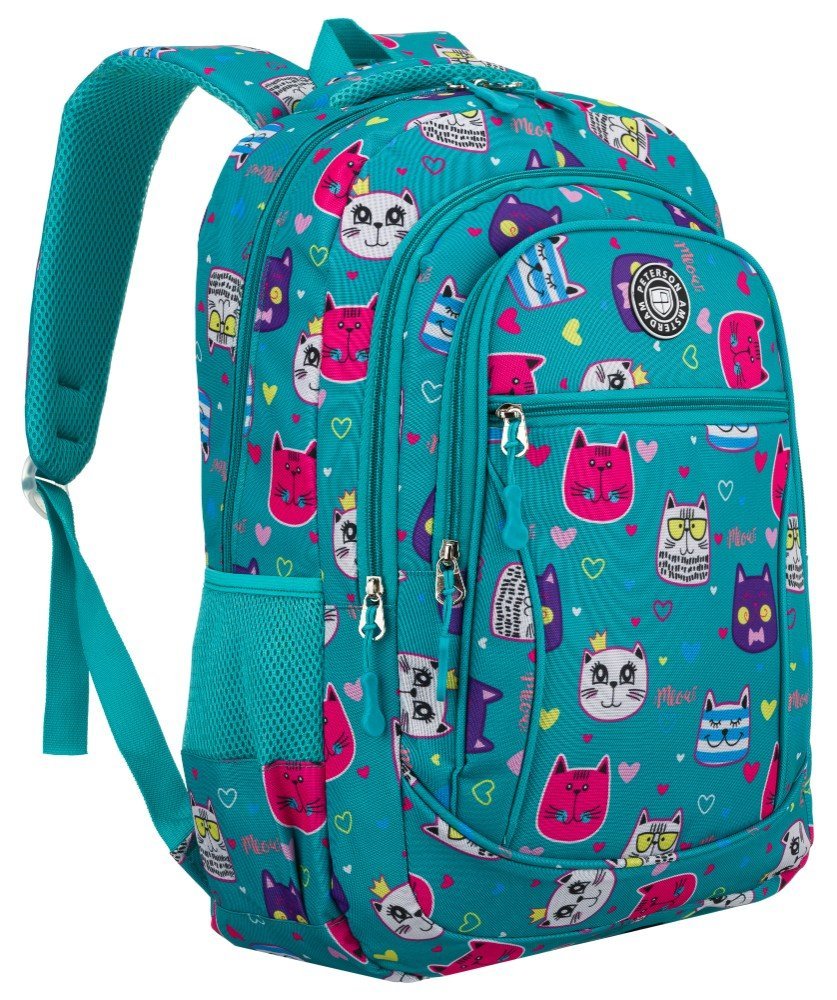 Plecak szkolny dla dzieci sportowy pojemny do szkoły młodzieżowy tornister Peterson turkusowy kotki