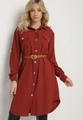 Sukienki - Bordowa Sukienka Koszulowa z Regulowanymi Rękawami i Paskiem w Talii Esarivia - miniaturka - grafika 1