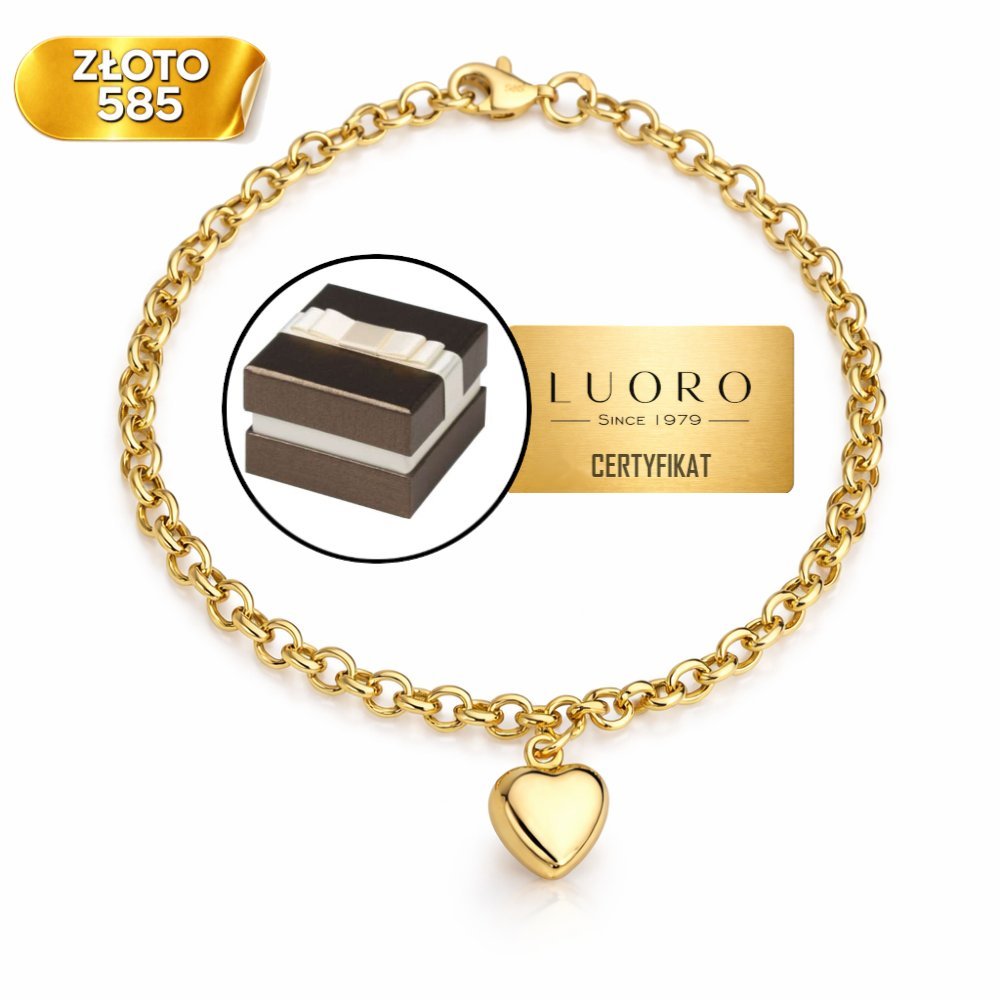 BRANSOLETKA ZŁOTA 585 14K SPLOT ANKIER ZAW SERCE 17,5 CM ELEGANCKA