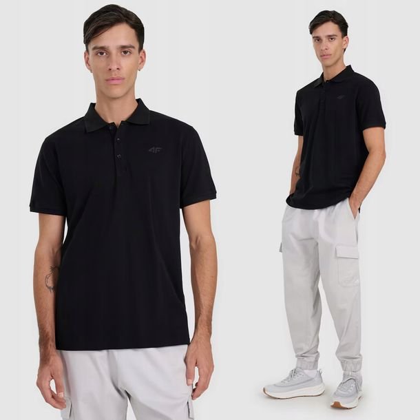 Koszulka Męska 4F Polo Z Kołnierzykiem Regular Bawełna Klasyczna Czarna 3XL