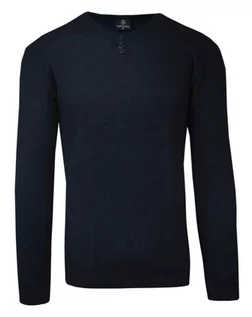 Swetry męskie - Sweter Wełniany Granatowy w Serek, z Guzikami, w Tłoczony Wzór, V-neck, Męski -VIP STENDO - Vip Stendo - grafika 1