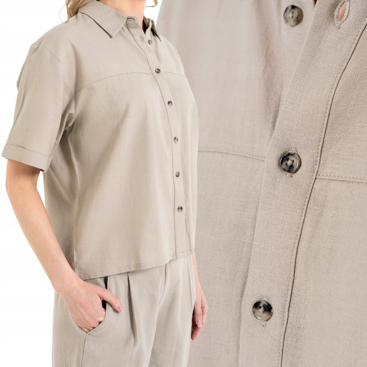 KOSZULA DAMSKA LNIANA Z WISKOZĄ KRÓTKI RĘKAW CASUAL ELEGANCKA MORAJ XXL BEIGE