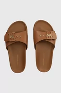 Klapki i japonki damskie - Tommy Hilfiger klapki skórzane TH HARDWARE LEATHER FLAT SANDAL damskie kolor brązowy FW0FW07940 - miniaturka - grafika 1