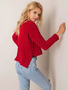 Sweter asymetryczny ciemny czerwony casual dekolt okrągły materiał prążkowany - Swetry damskie - miniaturka - grafika 2