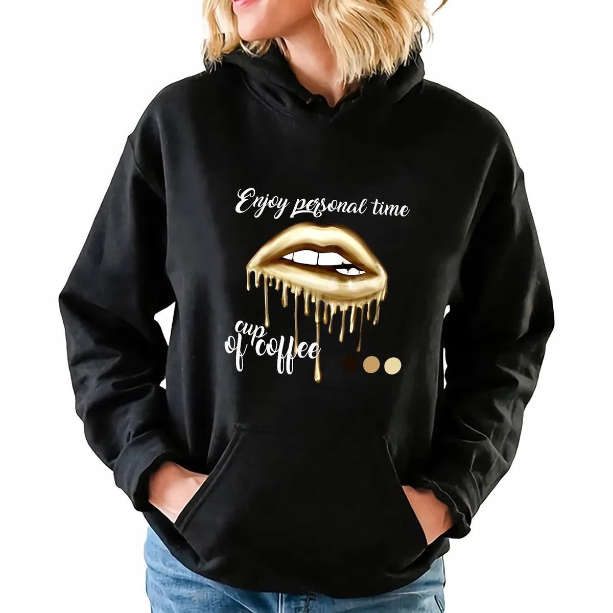 Czarna Bluza z Kapturem ENJOY PERSONAL TIME Kobiece Damskie Piękne Wz - XL