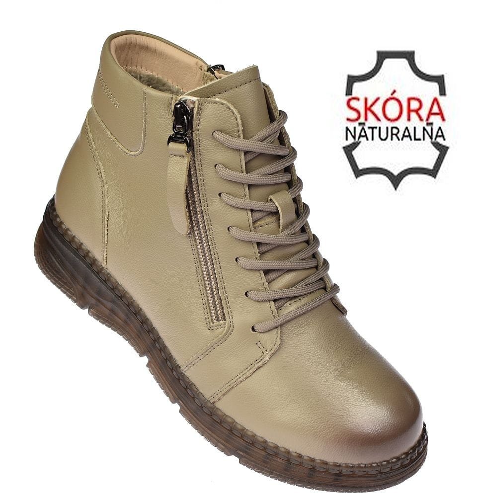 Botki damskie skórzane trzewiki ocieplane na zamek B-3-1380 beżowe rozmiar: 39