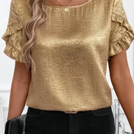 Koszule damskie - TEMU Bluzka Damska z Eleganckim Złotym Foliowaniem i Plisowanymi Falbankami na Rękawach - Okrągły Dekolt, Krótki Rękaw, Letnia Koszula w Jednolitym - miniaturka - grafika 1