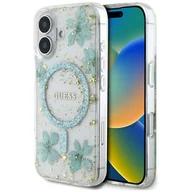 Etui i futerały do telefonów - Etui Guess Resin Flowers Glitter MagSafe do iPhone 16 turkusowy - miniaturka - grafika 1