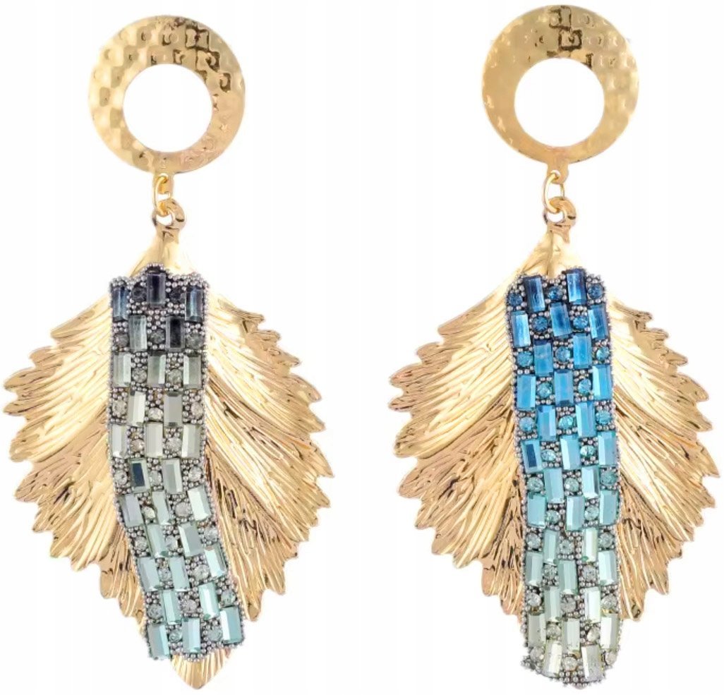 Złote Kolczyki z Niebieskimi Cyrkoniami Sztyft Modne Stylowe Pozłacane