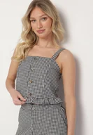 Bluzki damskie - Czarna Bluzka Top ze Wzorem Kraty Ozdobiony Falbanką i Guzikami Folorae - miniaturka - grafika 1