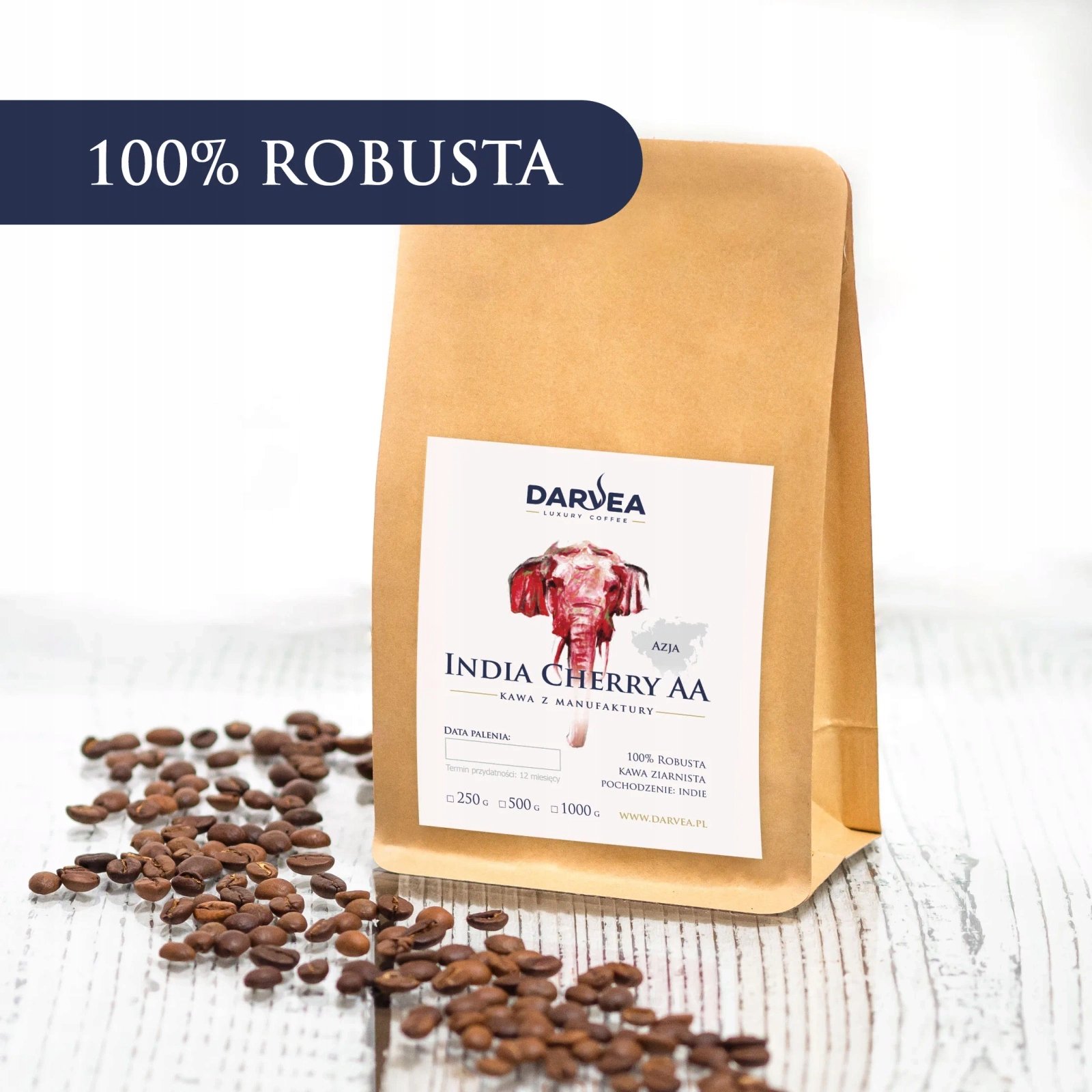 Kawa ziarnista India Cherry Aa Darvea 1000 g 100% robusta