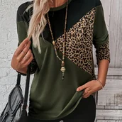 Bluzki damskie - TEMU Kobieca Elegancka Koszulka w Lamparcie Wzory - Ciemnozielono-Czarny Kolorowy Blok, Pranie Maszynowe Codzienna i Formalna Bluzka do Biura, - miniaturka - grafika 1