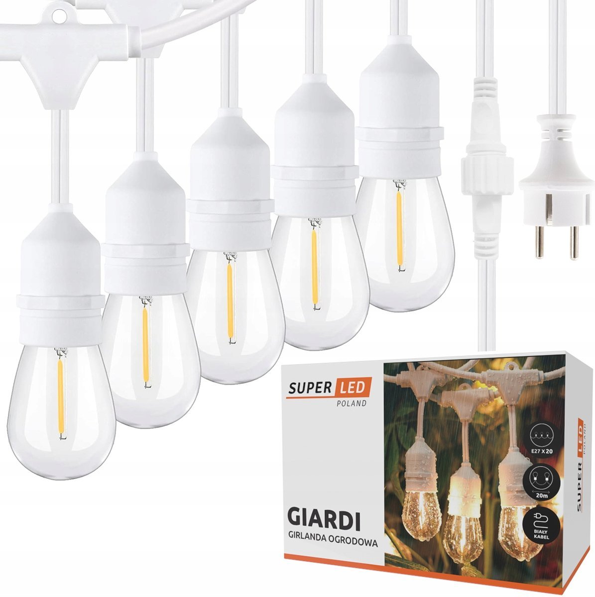 Girlanda ogrodowa Zewnętrzna Łańcuch BIAŁY 20m + 20x żarówka LED E27 Ślub