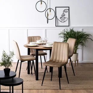 Zestaw Stół Okrągły TEO 100 cm Dąb Złoty/Czarny i 4 Krzesła Tapicerowane IBIS Beżowe Welurowe Nowoczesne Loft - Stoły z krzesłami - miniaturka - grafika 1